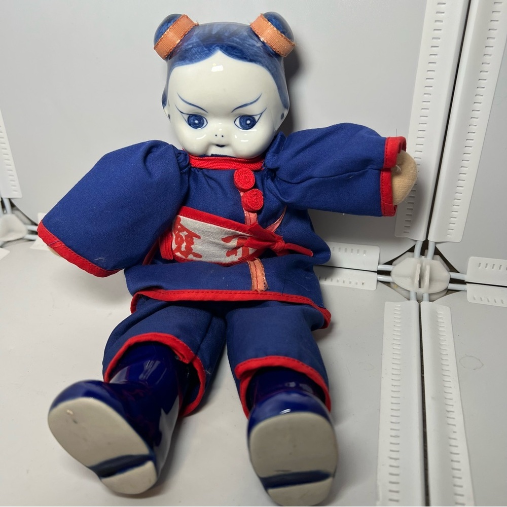 Vintage Old 1970s Blue White China Face Doll 11”Chinese Porcelain Face And Feet